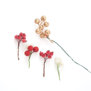 Christmas artificial berry stems set with red frost and gold glitter finish for DIY decor