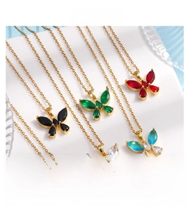 Close-up of butterfly necklaces in six colors with marquise cut stones and gold chains