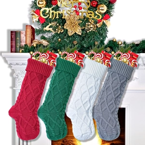 Cable Knit Christmas Stocking Polyester Mesh Gift Bag For Candy Xmas Decoration Hanging Ornament For Home Fireplace Party