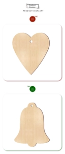 Detail of laser-cut wooden heart and bell ornaments with natural grain and hanging holes