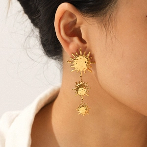 18k gold plated stainless steel sun drop earrings with hammered texture for women