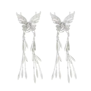 Silver butterfly hair claw clip with long tassel fringe and metallic butterfly wings