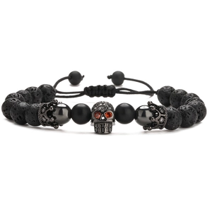 Mens gothic braided bracelet with tiger eye, lava stone, skull and crown charms