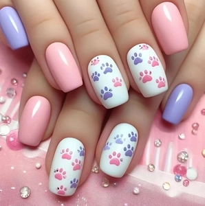 Unghie Finte Press On Lunghe Quadrate Colori Macaron Dolce Rosa Viola Motivo Impronta Di Zampa Di Gatto Per Manicure