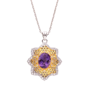 Elegant S925 sterling silver necklace with oval purple gemstone and honeycomb gold trim