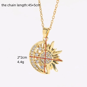 Gold sun and moon pendant necklace with white zircon stones and adjustable 45+5cm chain