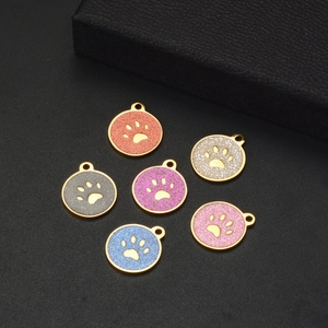 Colorful stainless steel pet paw round pendants with glitter enamel finish in 6 colors