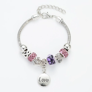 Silver snake chain charm bracelet with pink crystals, purple beads and LOVE pendants