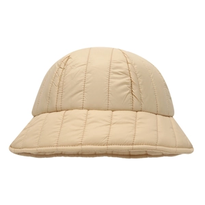 Quilted beige puffer bucket hat for women with warm winter lining and soft striped texture