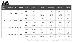 Detailed size chart for long sleeve elegant evening dress showing CM and INCH measurements