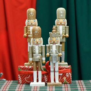 Set of 4 Christmas wooden nutcracker king figures with sparkling gold and silver glitter finish