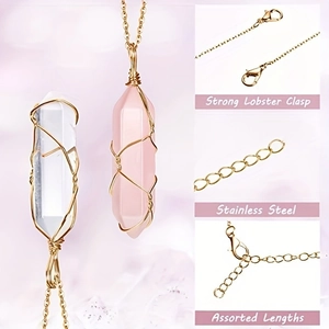 Detail view of crystal pendants with gold wire wrap and stainless steel lobster clasp