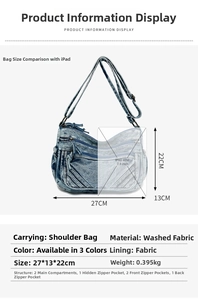Detailed specs of the vintage blue washed denim tote bag showing multiple zip pockets