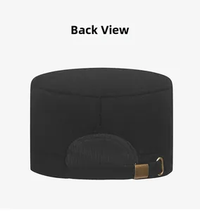 Detail of the back view of a men's winter flat cap with an adjustable bronze buckle