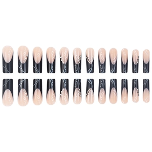 French style long coffin press-on nails in black and nude with silver rhinestones