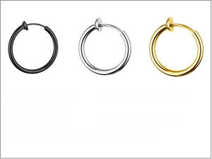Three-color titanium steel ear clips in gold, black, and silver with size specs