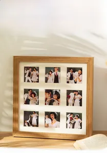 Detail of creative hollow 9-grid wooden photo frame showing elegant wedding photo layout