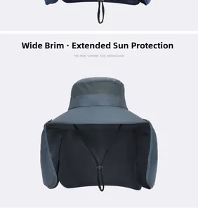 Detail of grey outdoor sun hat featuring breathable mesh and wide protective neck flap