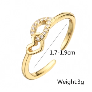 Detailed size chart for 18K gold plated heart infinity ring with zircon measurements