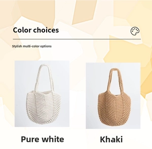 Detail view of handmade cotton crochet tote bags in white and khaki color choices