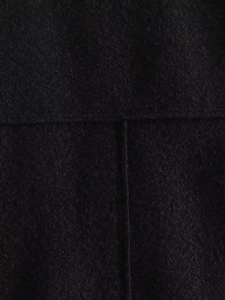 Detailed macro view showing the thick black wool fabric texture and seam stitching of the coat
