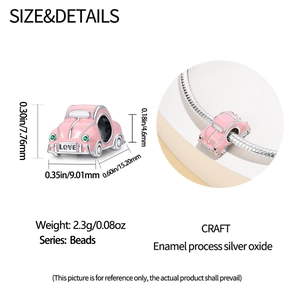 Pink enamel car charm bead in oxidized silver with love engraving for DIY bracelets