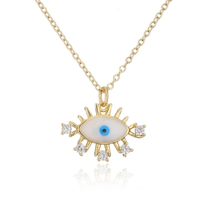 Gold 18K gold-plated necklace with blue evil eye pendant and zircon on white background