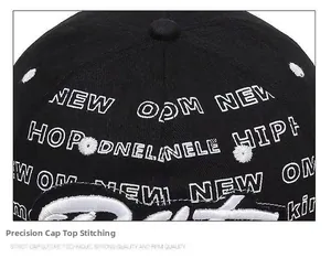 Gros plan détaillé de la casquette en coton noir montrant les coutures et le bouton supérieur