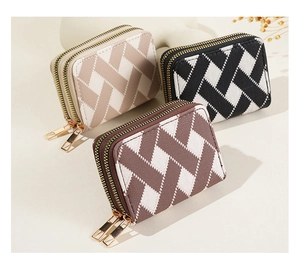 Detail of canvas jacquard card holders with retro rhombic patterns and metal zippers