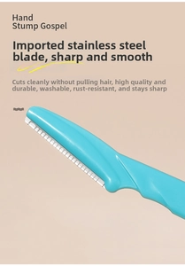Detail of blue portable eyebrow razor with serrated stainless steel blade and anti-rust design
