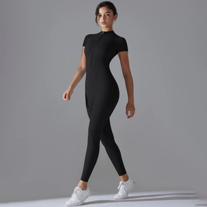 Close-up of black high-elasticity bodysuit with front zipper and stand collar detail