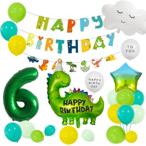 6th birthday dinosaur party set with number 6 balloon, dragon foils and banner