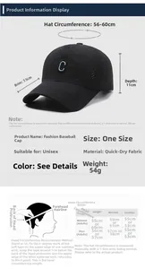 Größentabelle für schwarze atmungsaktive Baseballkappe mit C-Logo und Schnelltrocknung