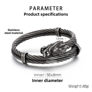 Detail of 8mm stainless steel dragon head bracelet with wire cable and measurements