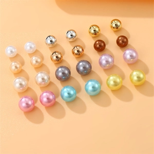 Colorful round pearl earring studs set featuring assorted metallic and pastel finish beads