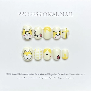 Handmade short press-on nails featuring cute yellow corgi dog and 3D heart heart designs