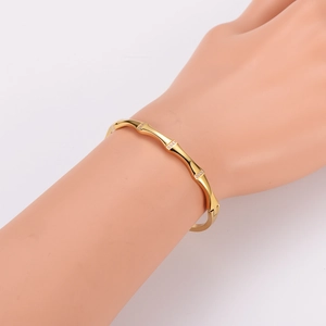 Elegant gold bamboo joint bangle with sparkling cubic zirconia on a female model wrist