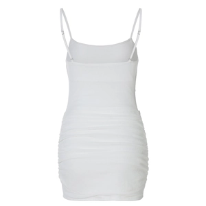 Detail view of white bodycon dress back featuring adjustable straps and ruched fabric texture