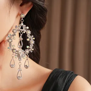 Exquisite silver drop fringe earrings with sparkling crystals and镂空 design on model