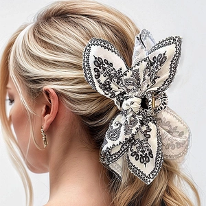 Large Bow Hair Claw Clip Fabric Paisley Print Elegant Shark Clip For Women Back Of Head Hair Styling Accessories