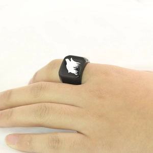 Men's retro punk black square wolf and forest silhouette laser engraved signet ring