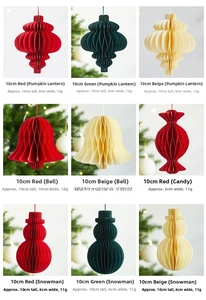 Detail grid of 10cm honeycomb paper Christmas ornaments including bells and snowman shapes