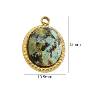 Detail view of 15mm x 10.5mm 14K gold plated oval pendant with inlaid green natural stone