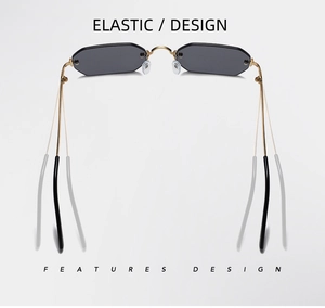 Detalle de patillas metálicas elásticas en gafas de sol punk geométricas sin montura
