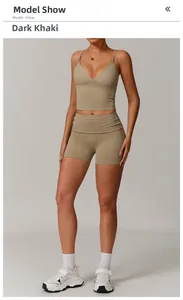 Close-up of Dark Khaki yoga set featuring V-neck tank top and high-waisted shorts