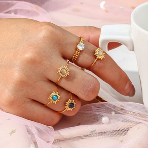 Adjustable 18K gold plated ring set with natural sun stone and cat eye opal for women