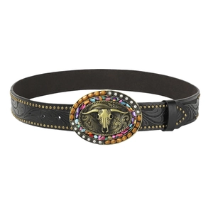 Bohemian western leather belt with vintage floral carving and bull skull buckle