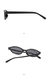 Detailed side and back view of retro oval sunglasses with black frames and dark lenses