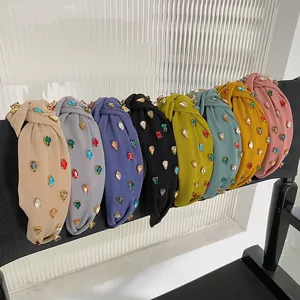 Set of 8 colorful baroque knotted headbands with sparkling rhinestones for women
