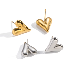 Polished 18K gold and silver 3D heart stud earrings set in minimalist stainless steel